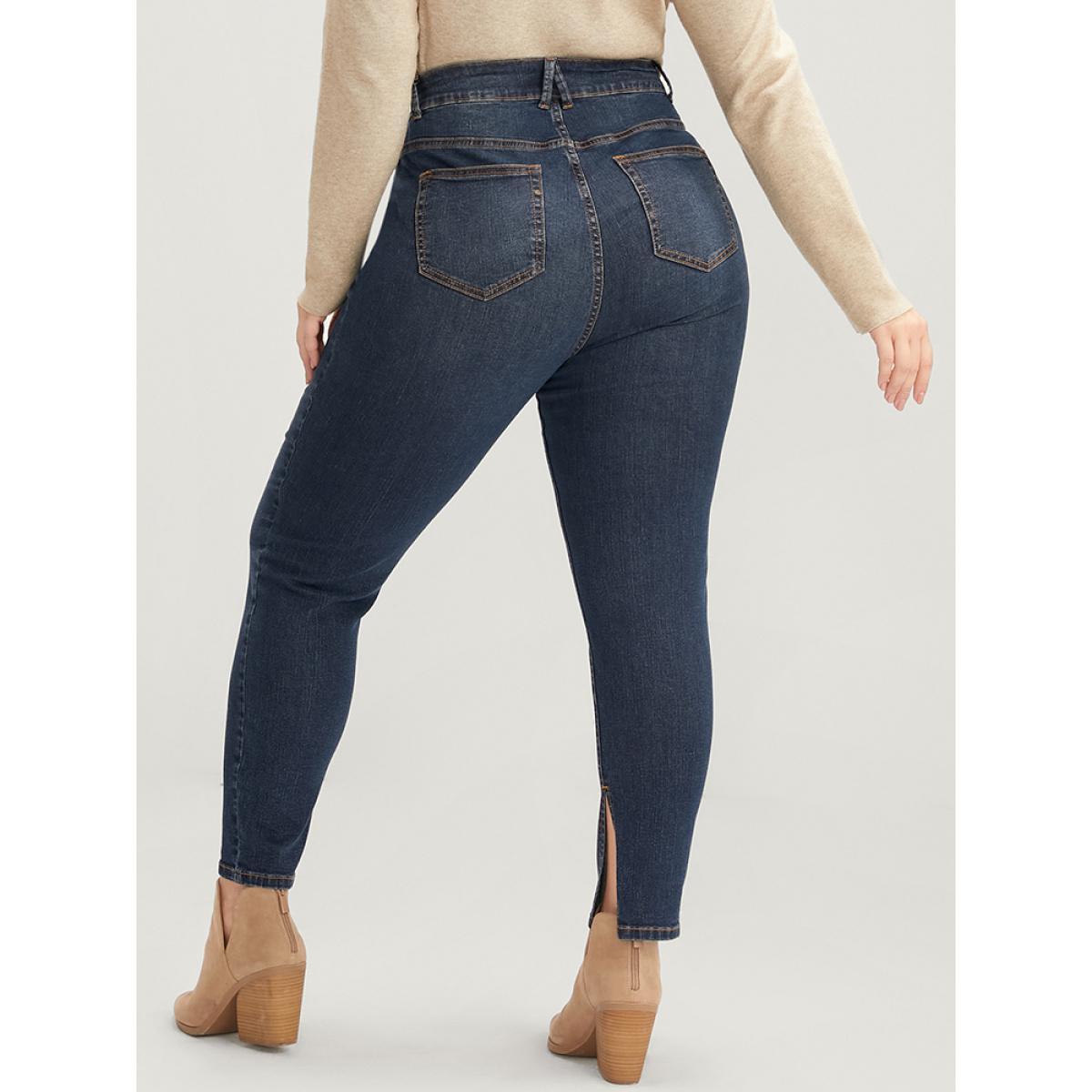 Plus Size Mom Jeans Skinny Moderately Stretchy High Rise Medium Wash Split Jeans Women Indigo Casual Plain Medium stretch Pocket Jeans BloomChic 24/3X Product Image