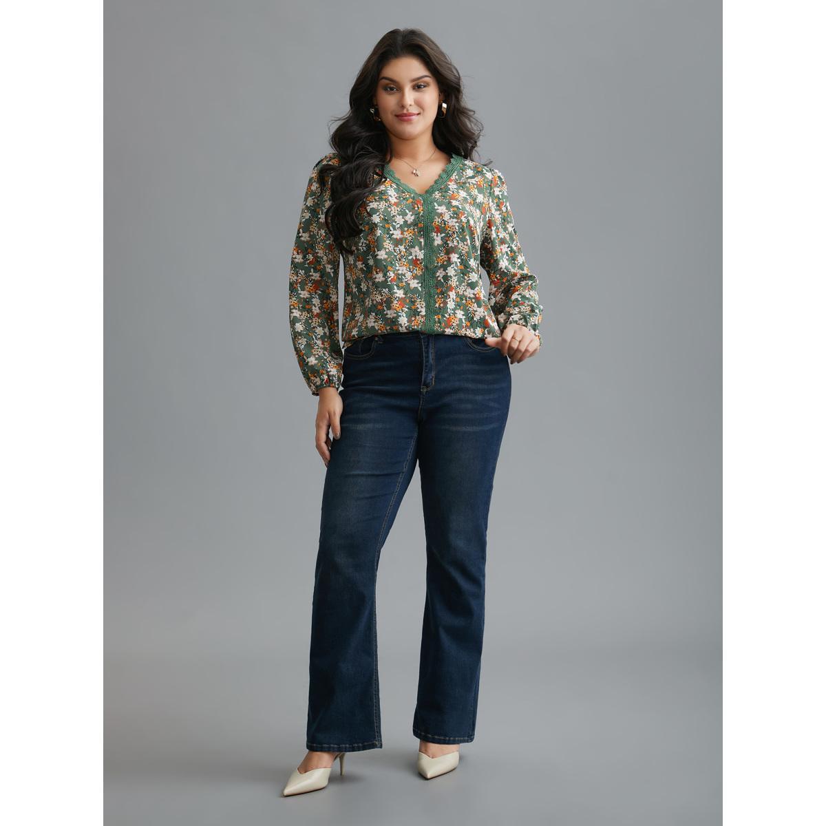 Plus Size Sage Floral Lace Panel Lantern Sleeve Blouse Women Elegant Long Sleeve V-neck Everyday Blouses BloomChic 30/6X Product Image