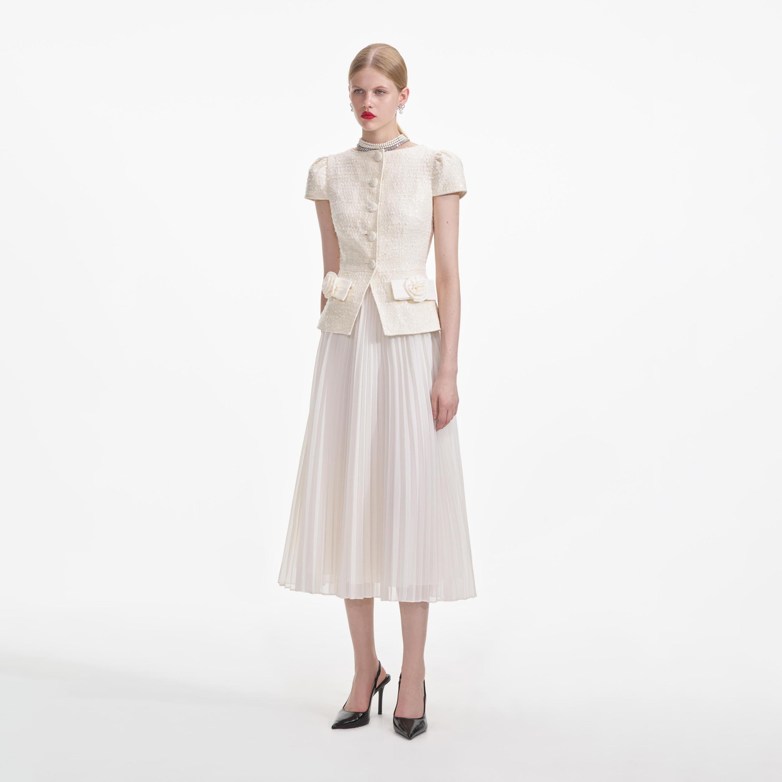 Cream Boucle Bow Detail Midi Dress Product Image