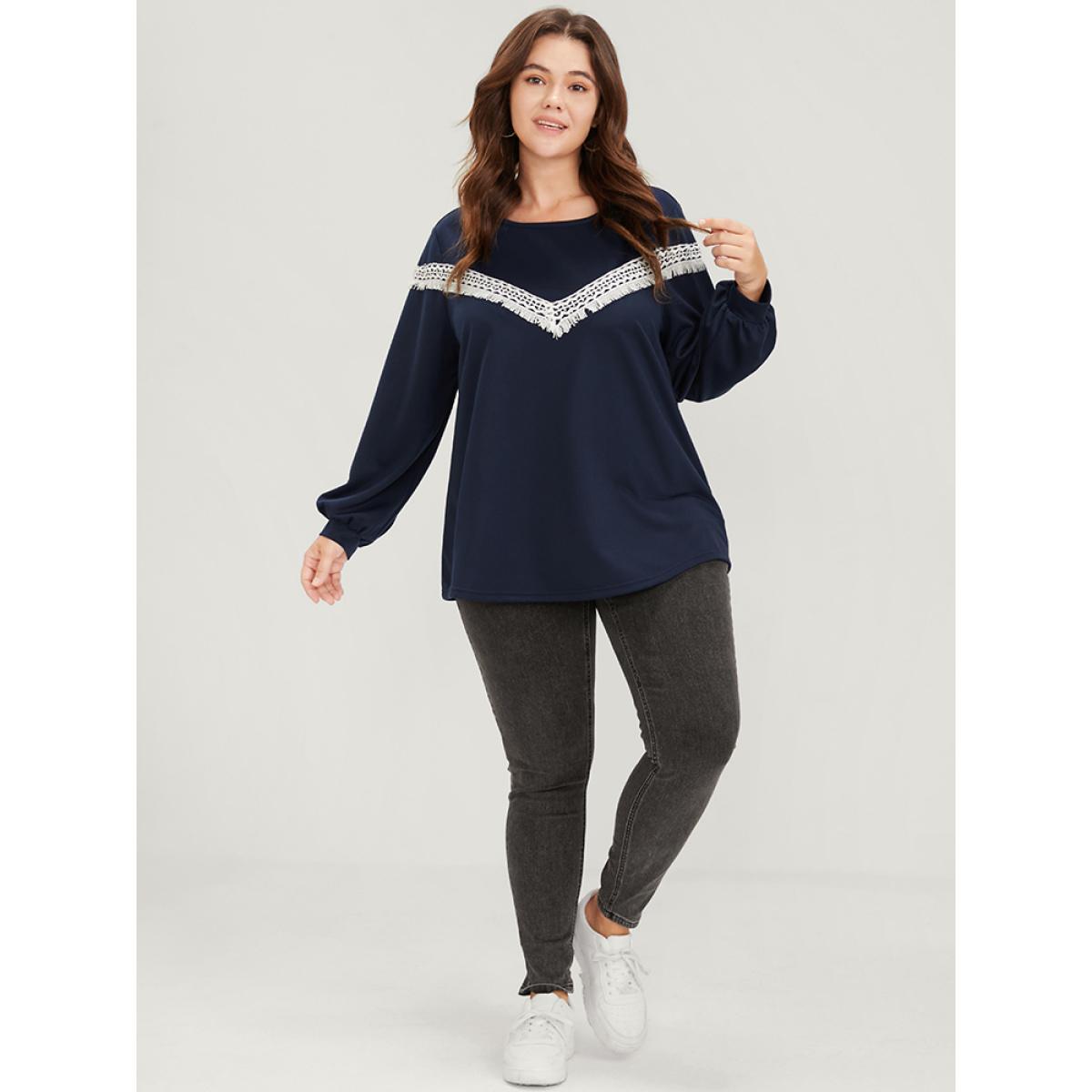 Plus Size Plain Round Neck Contrast Lace Drop Shoulder Sweatshirt Women Midnight Casual Contrast Round Neck Dailywear Sweatshirts BloomChic 22-24/3X Product Image