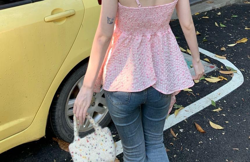 V-Neck Heart Print Asymmetrical Knot Slit Flowy Crop Camisole Top Product Image
