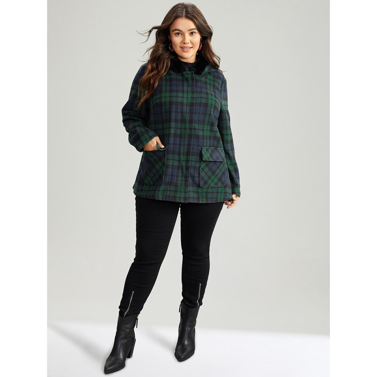 Plus Size Plaid Button Fly Hooded Fuzzy Trim Coat Women Emerald Casual Contrast Ladies Dailywear Winter Coats BloomChic 14-16/1X Product Image