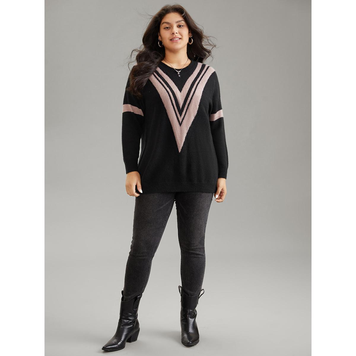 Plus Size Supersoft Essentials Two Tone Crew Neck Drop Shoulder Pullover Black Women Casual Loose Long Sleeve Round Neck Dailywear Pullovers BloomChic 28/5X Product Image