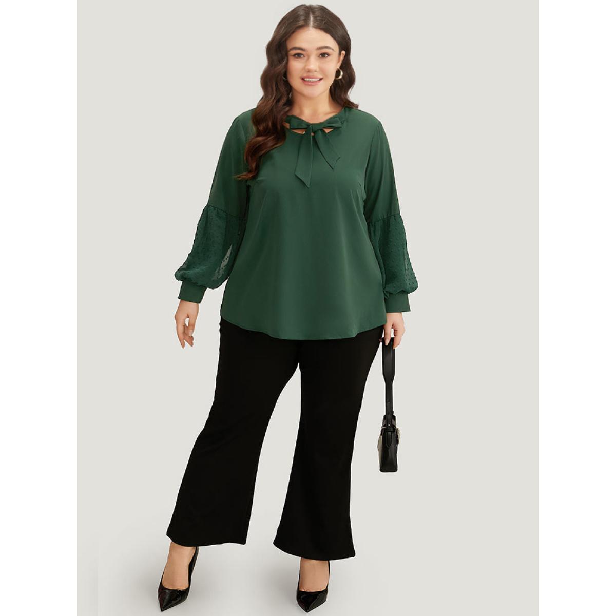 Plus Size DarkGreen Knot Neck Lace Patchwork Lantern Sleeve Blouse Women Office Long Sleeve Tie Neck Work Blouses BloomChic 14-16/1X Product Image