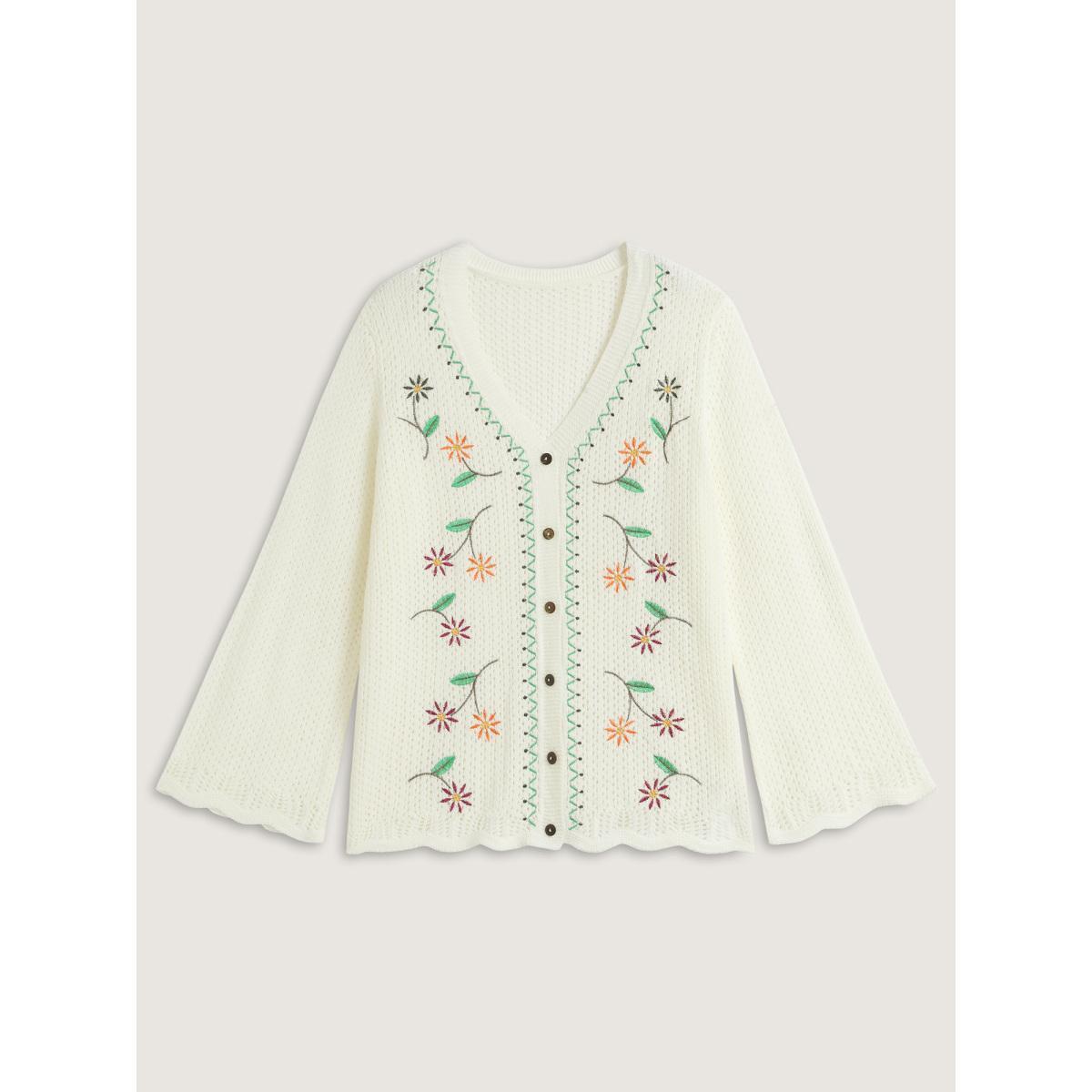 Plus Size Floral Embroidery Flared Sleeve Knit Cardigan Ivory Women Resort Loose Long Sleeve Vacation Cardigans BloomChic 30/6X Product Image