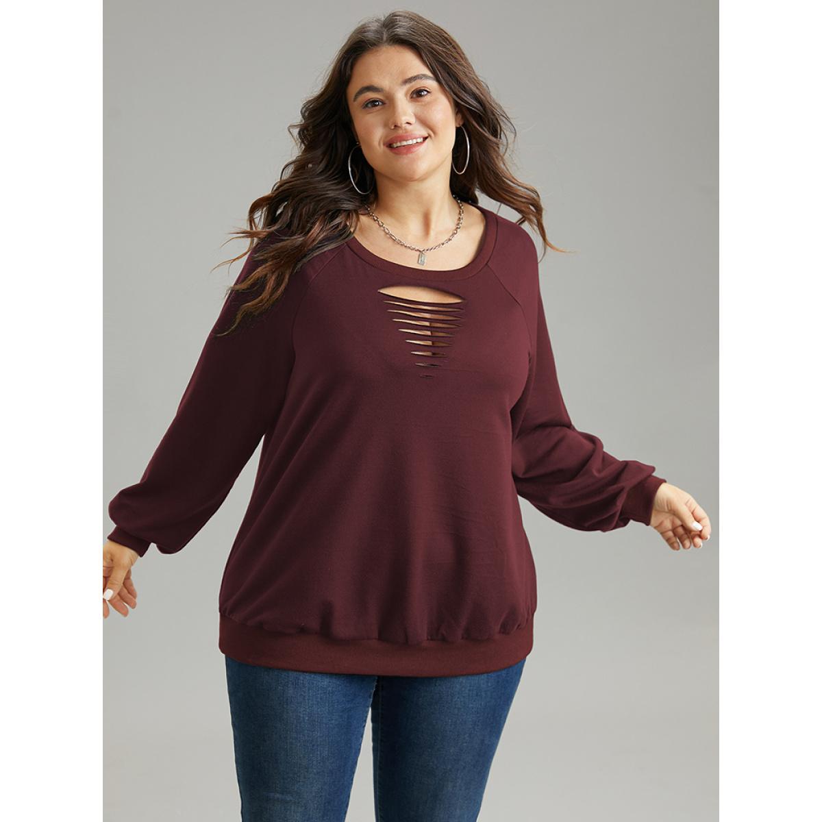 Plus Size Solid Rib Knit Cut Out Raglan Sleeve Sweatshirt Women Burgundy Casual Rib Knit Keyhole Cut-Out Everyday Sweatshirts BloomChic 14-16/1X Product Image