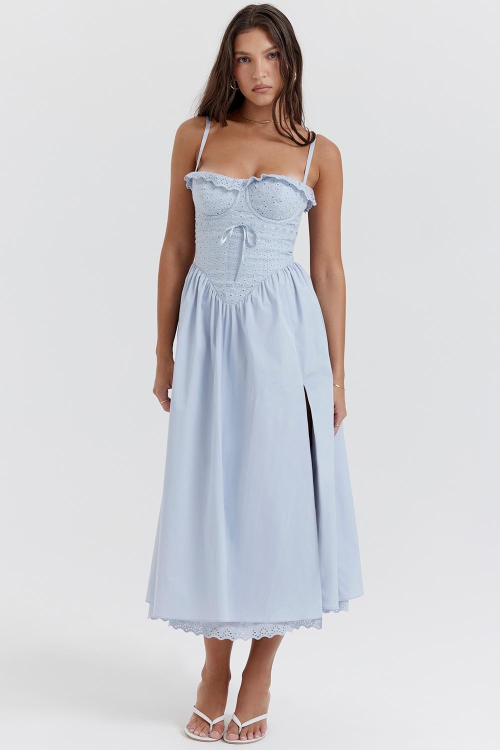 Jaime Soft Blue Cotton Broderie Anglais Midi SunDress Product Image