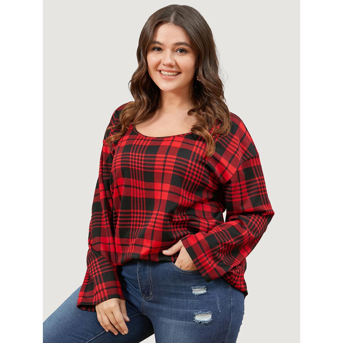 Plus Size Plaid Round Neck Bell Sleeve Sweatshirt Women Scarlet Elegant Round Neck Dailywear Sweatshirts BloomChic 26/4X Product Image
