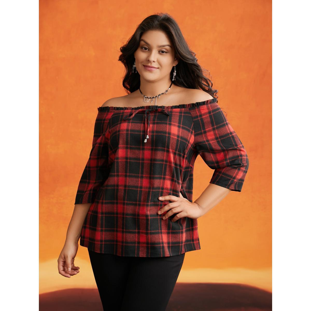 Plus Size Scarlet Mystic Off-Shoulder Slimming Tie Plaid Blouse Women Elegant Elbow-length sleeve One-shoulder neck Everyday Blouses BloomChic 14-16/1X Product Image
