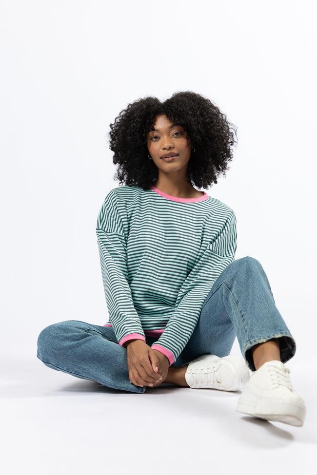 Think On It Pink, Navy, and Charcoal Striped Contrast Trim Pullover FINAL SALE Product Image