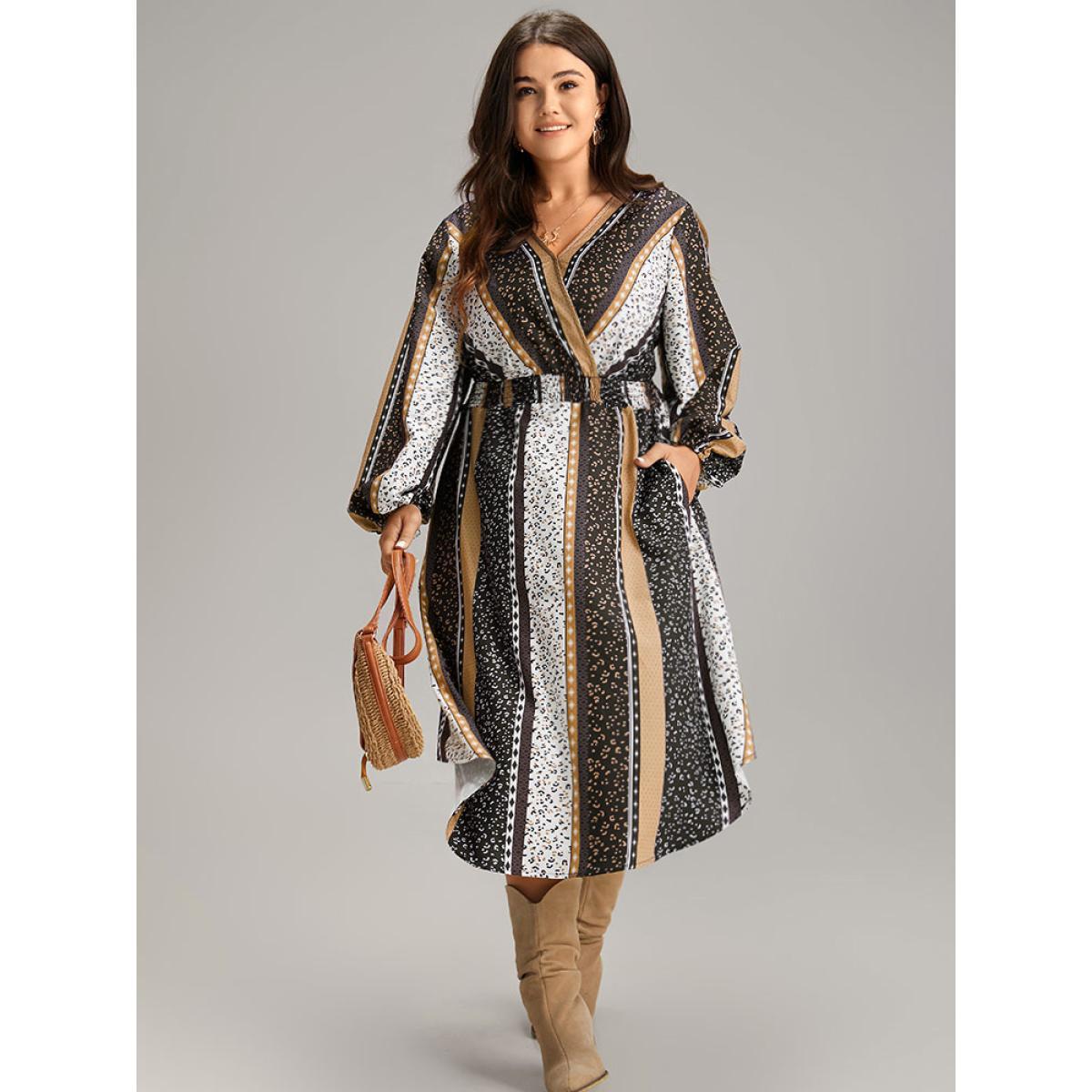 Plus Size Boho Print Striped Shirred Wrap Dress Leopard Women Vacation Elastic cuffs V-neck Long Sleeve Curvy Midi Dress BloomChic 12/L Product Image