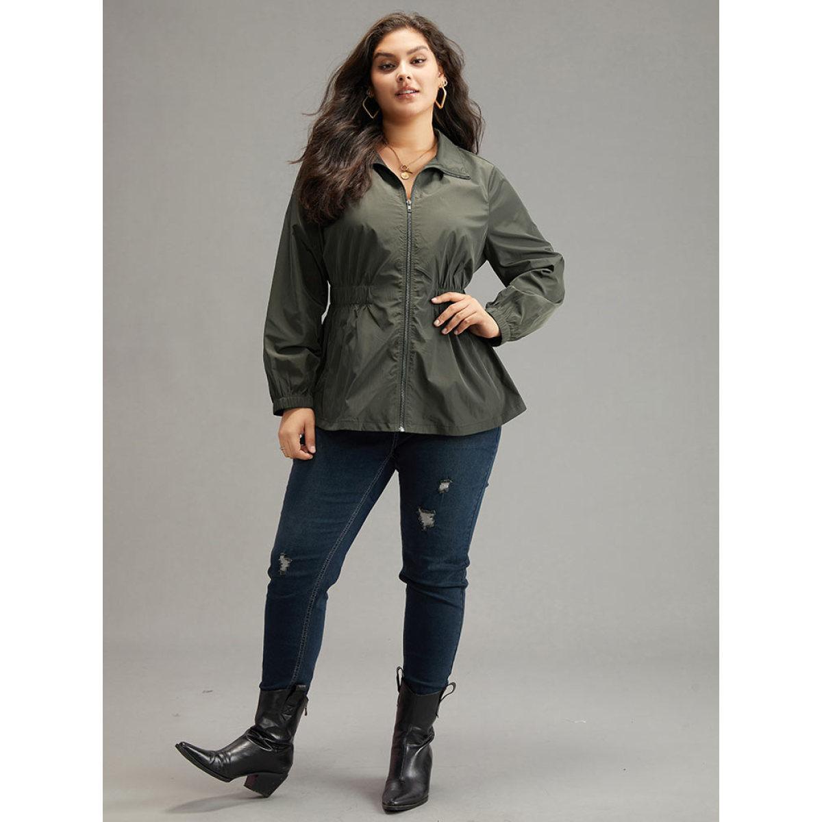 Plus Size Wind-Resistant Waistline Inside Zipper Fly Windbreaker Women DimGray Elastic cuffs Pocket Everyday Jackets BloomChic 12/L Product Image