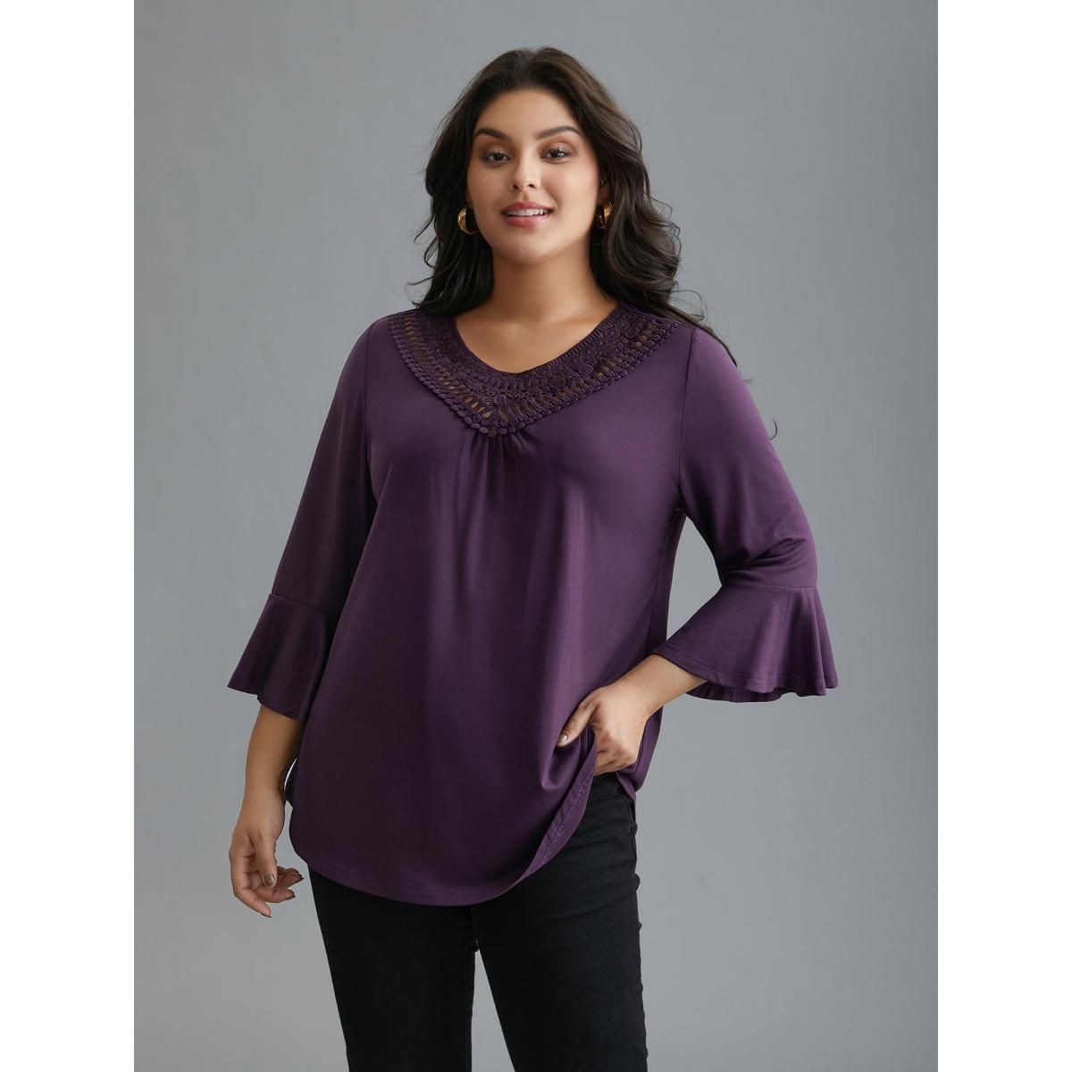 Plus Size Lace Neckline Trim Ruffle Sleeve T-shirt Eggplant Women Elegant Gathered Round Neck Loose Everyday T-shirts BloomChic 22-24/3X Product Image