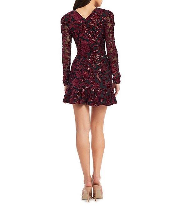 Dress the Population Kelsey Sequin Embroidered V-Neck Long Sleeve Mini Dress Product Image