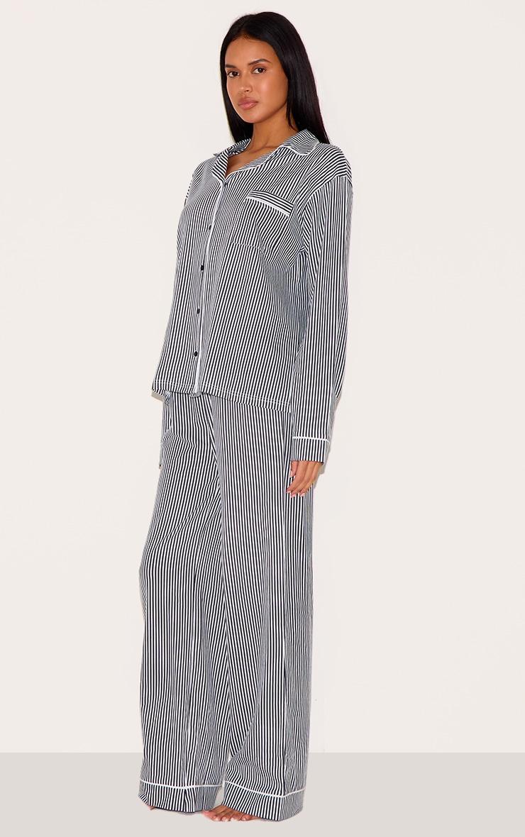 Navy Stripe Print Jersey Piping Detail Long Pj Set Product Image