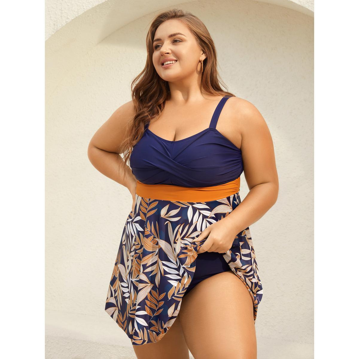 Plus Size Tropical Flower Color Block Swim Dress Women's Swimwear Indigo Beach Bodycon Heart neckline High stretch Curve Swim Dresses BloomChic 22-24/3X Product Image