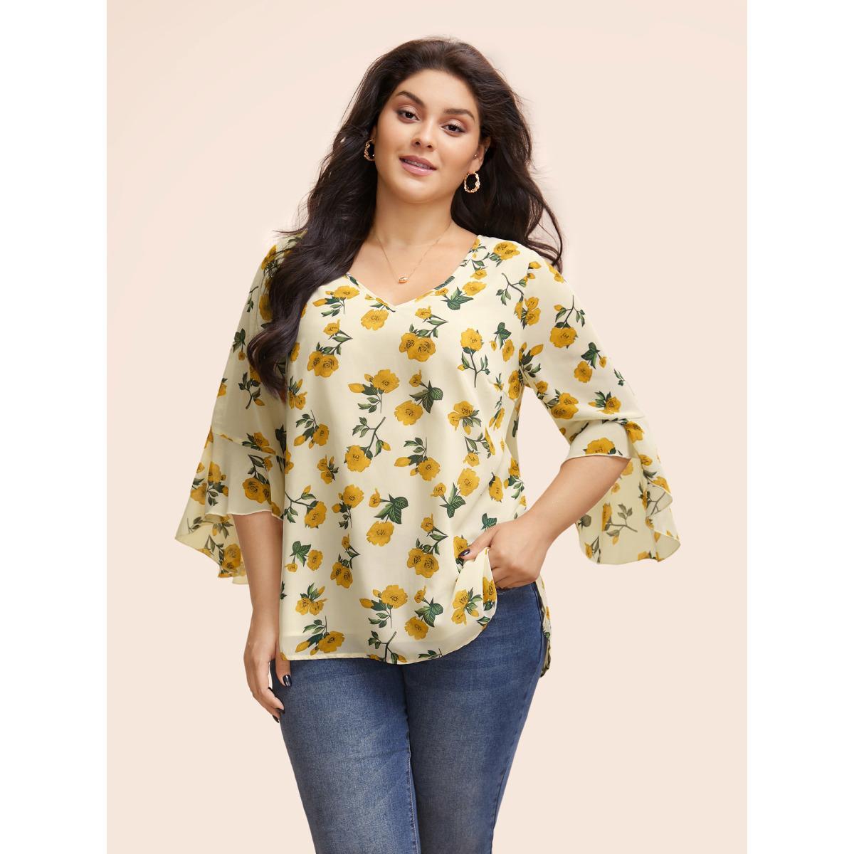 Plus Size Mustardyellow Floral Ruffle Sleeve Split Hem Blouse Women Elegant Elbow-length sleeve V-neck Everyday Blouses BloomChic 28/5X Product Image