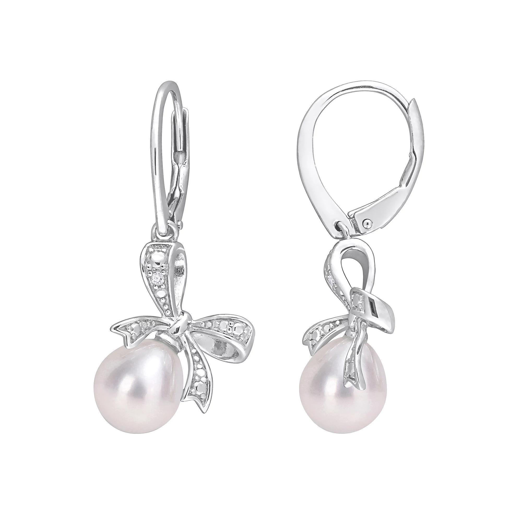 Stella Grace Sterling Silver Freshwater Cultured Pearl & Diamond Accent Bow Earrings, Women's Product Image