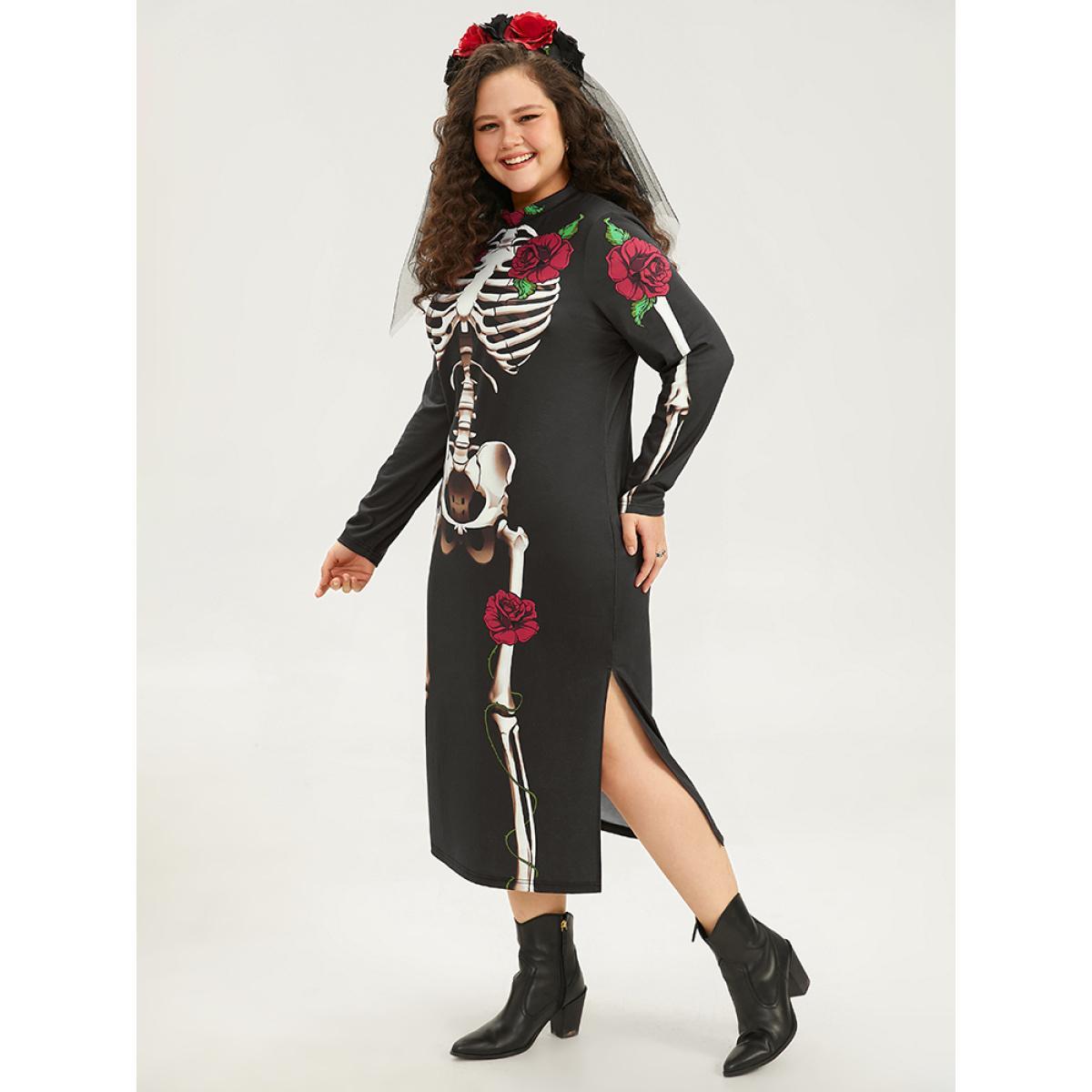 Plus Size Halloween Mock Neck Skull Print Split Hem Dress Black Women Casual Printed Mock Neck Long Sleeve Curvy Midi Dress BloomChic 30/6X Product Image