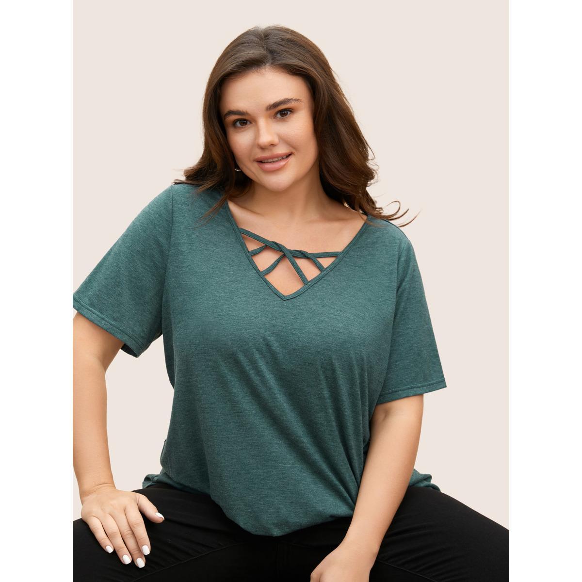 Plus Size Solid Heather Crisscross Medium Stretch T-shirt DarkGreen Women Casual Cut-Out V-neck Everyday T-shirts BloomChic 12/L Product Image
