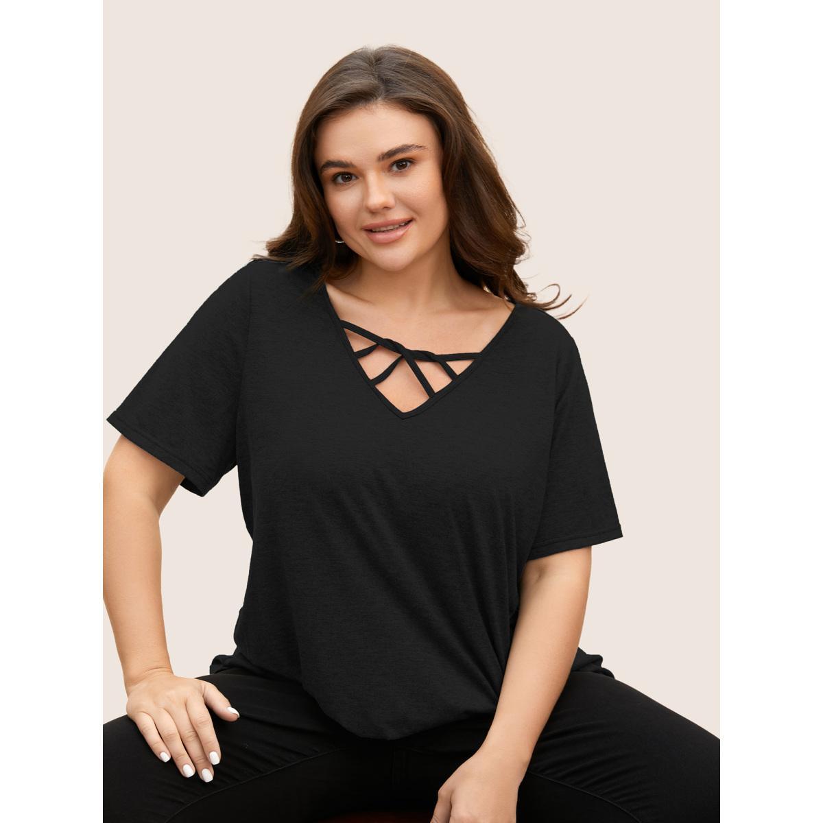 Plus Size Solid Heather Crisscross Medium Stretch T-shirt Black Women Casual Cut-Out V-neck Everyday T-shirts BloomChic 26/4X Product Image