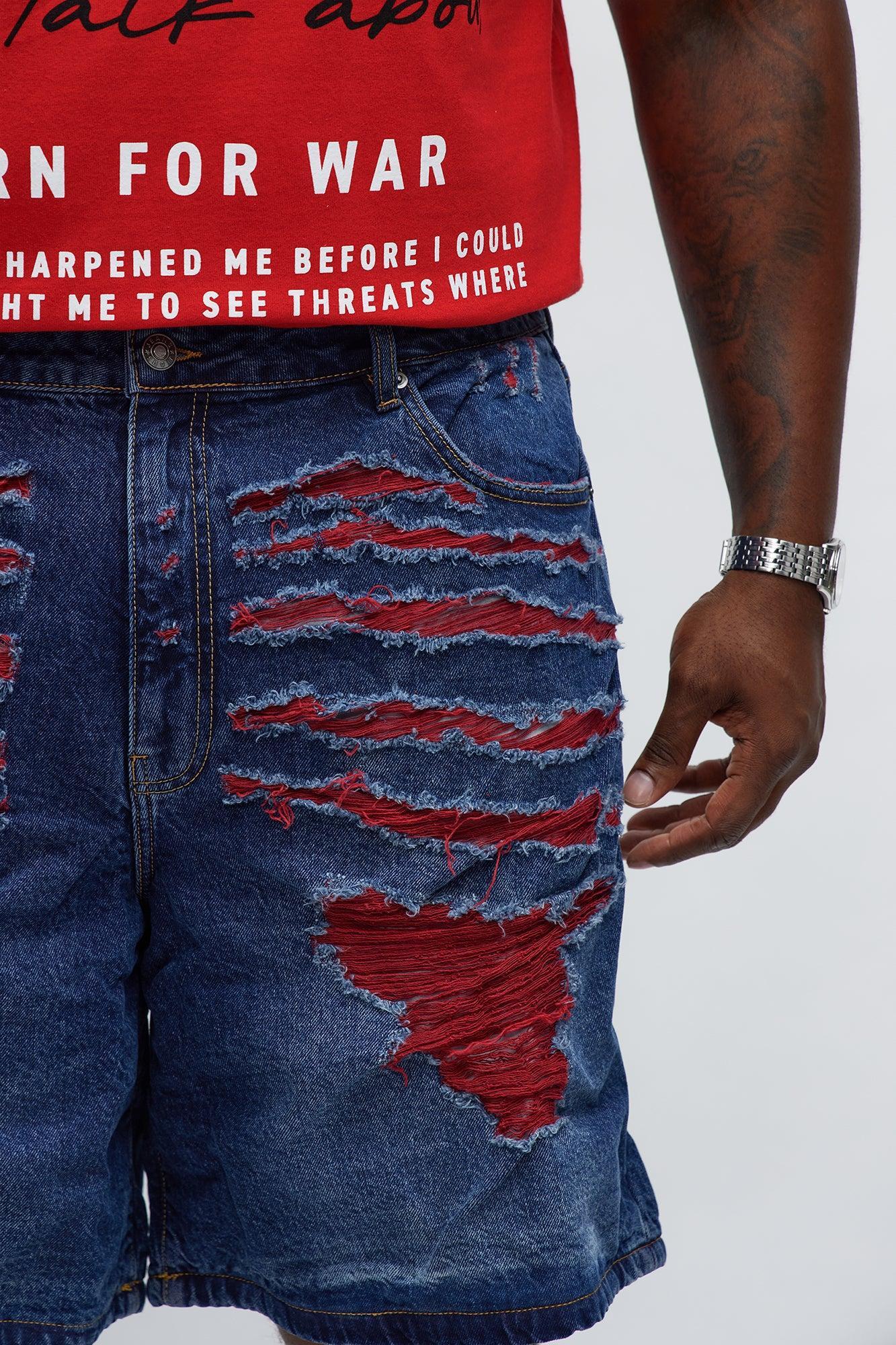 Relaxed We In These Streets Destroyed Denim Shorts - Dark Wash Product Image