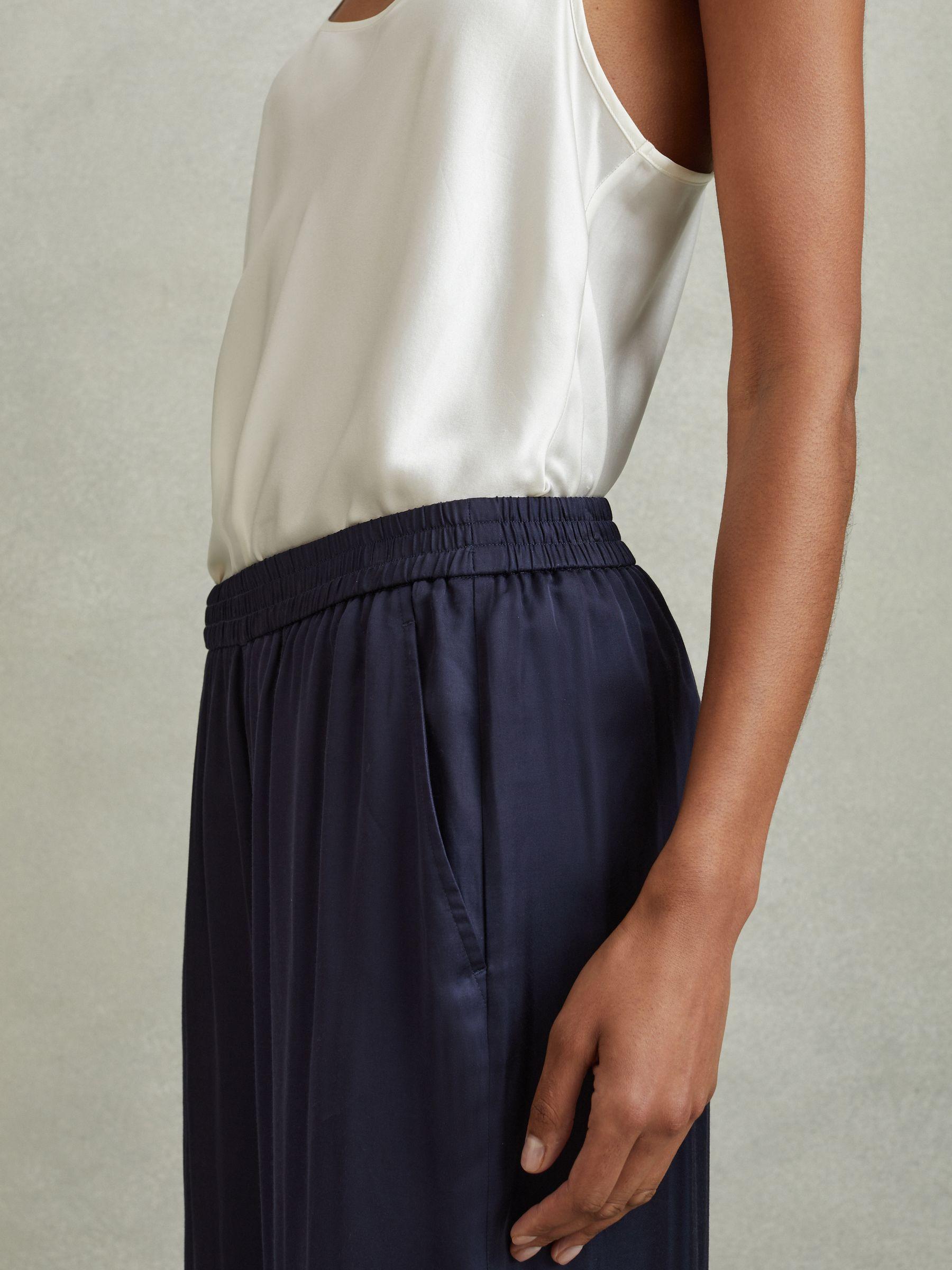 Satin Elasticated Waist Wide Leg Trousers in Navy Product Image