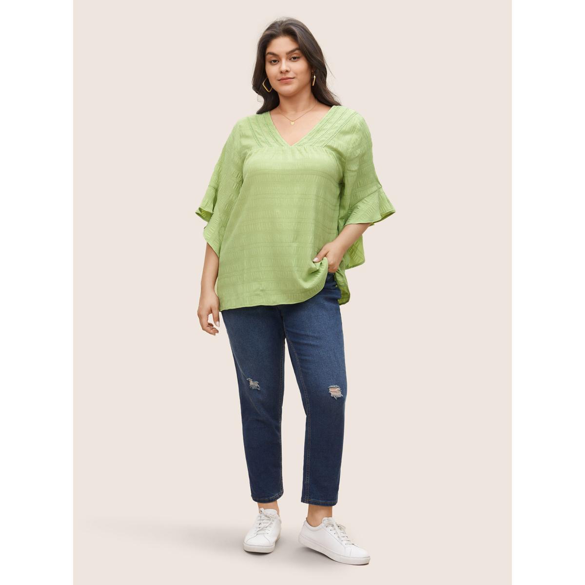 Plus Size Mint Solid Textured Gathered Ruffle Sleeve Blouse Women Casual Elbow-length sleeve V-neck Everyday Blouses BloomChic 12/L Product Image