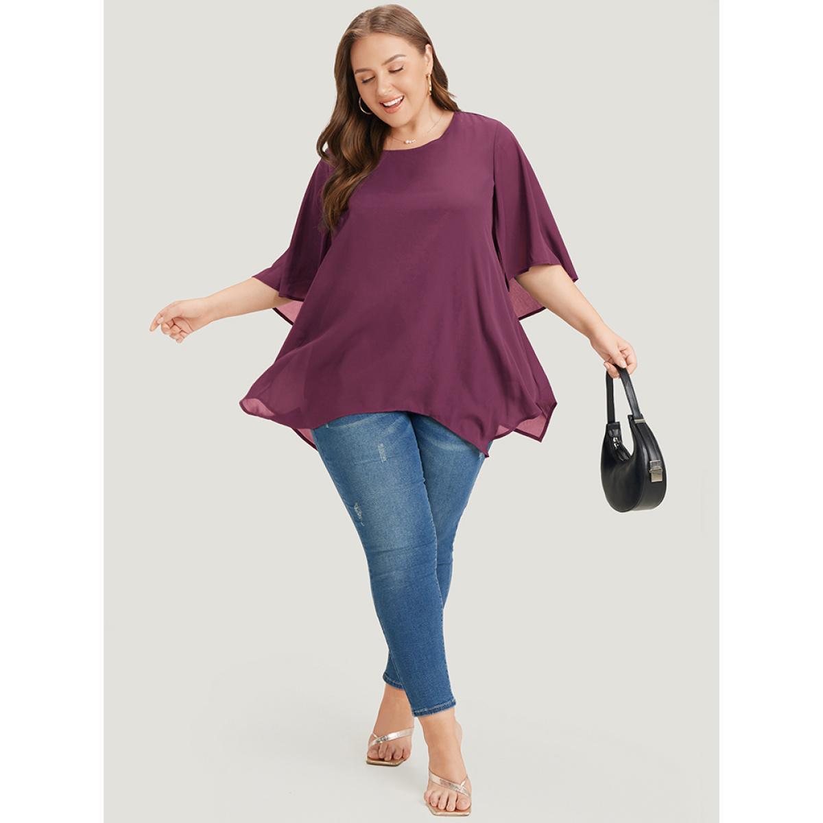 Plus Size Purple Plain Mesh Flutter Sleeve Hanky Hem Blouse Women Office Elbow-length sleeve Round Neck Dailywear Blouses BloomChic 18-20/2X Product Image