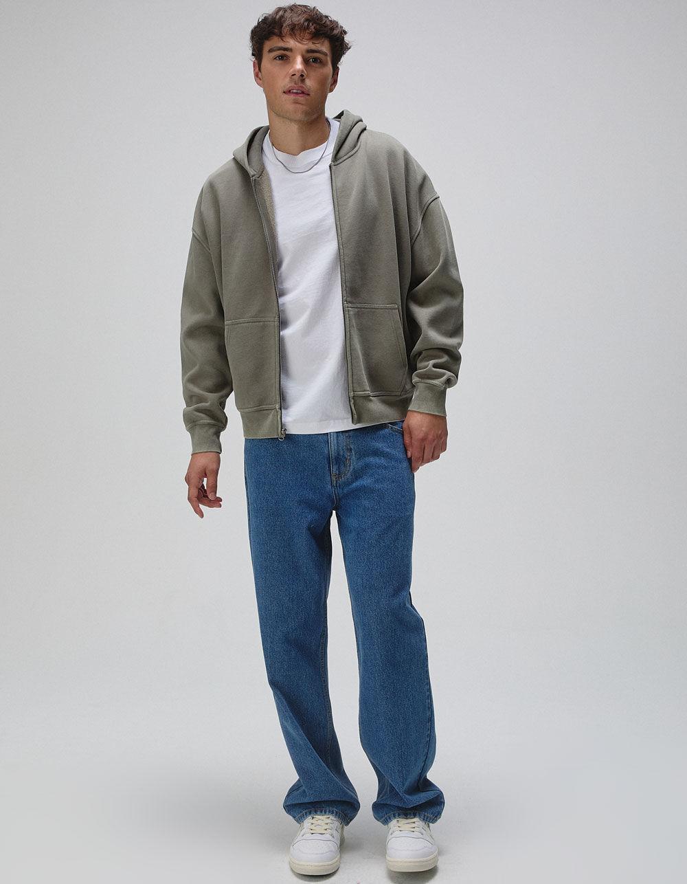 RSQ Mens Washed Zip-Up Oversized Hoodie - OLIVE Product Image