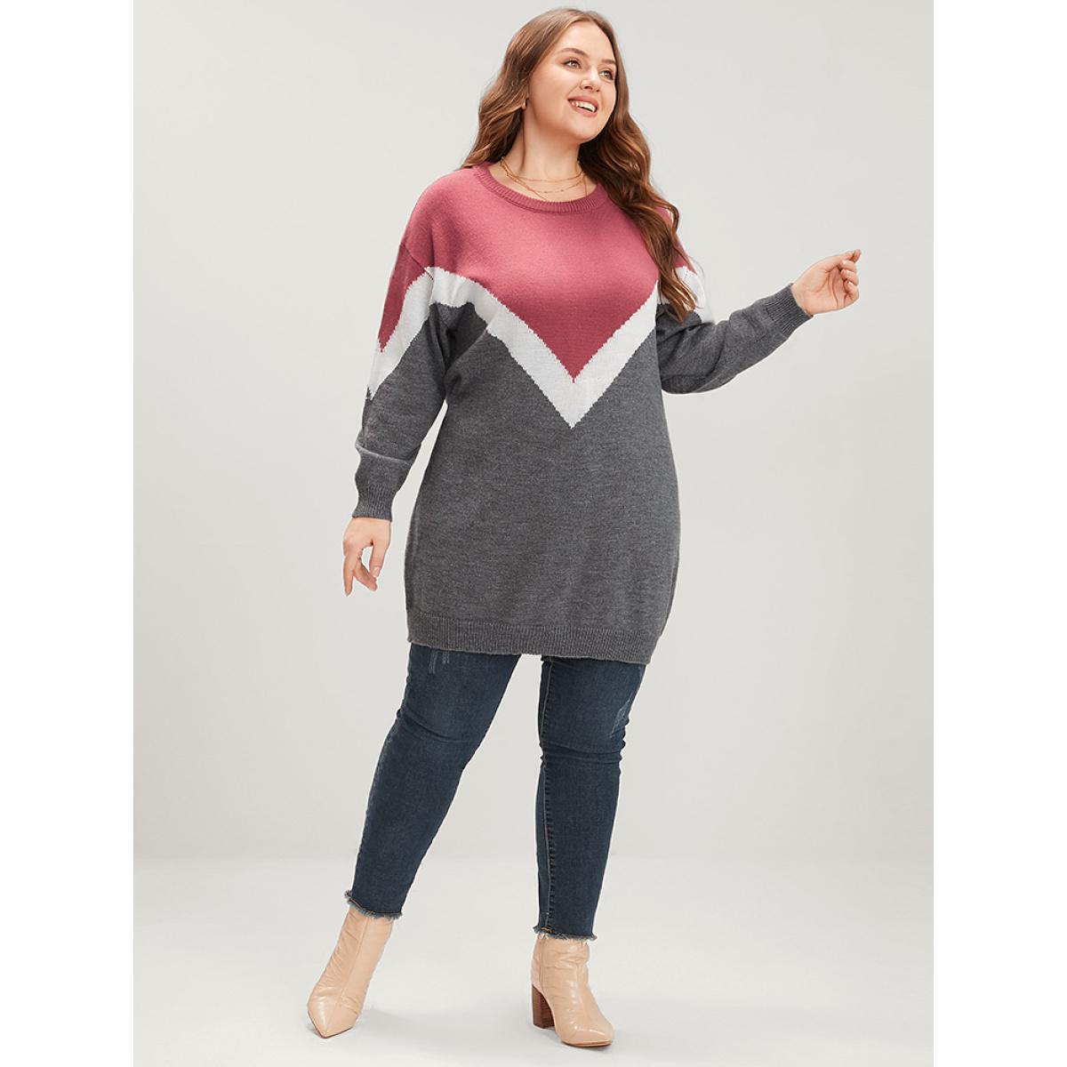 Plus Size Colorblock Contrast Pointelle Knit Round Neck Mid Long Knit Top Burgundy Women Casual Loose Long Sleeve Round Neck Everyday Pullovers BloomChic 10/M Product Image
