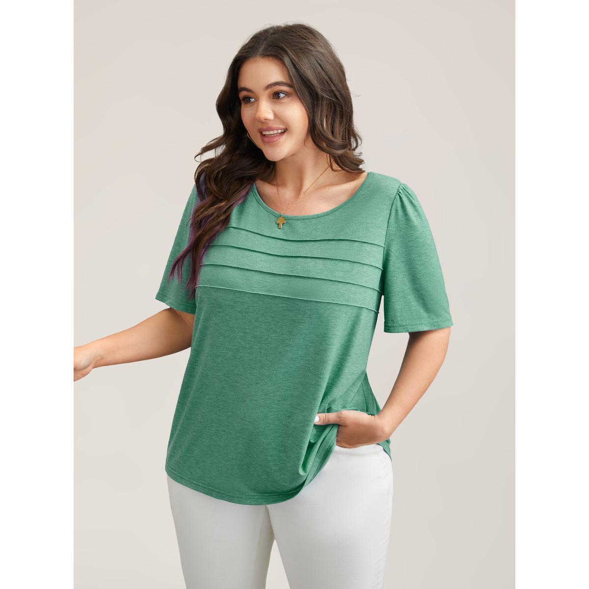 Plus Size Seamed Round Neck Fitted T-Shirt Emerald Women Casual Tucked seam Round Neck Everyday T-shirts BloomChic 18-20/2X Product Image