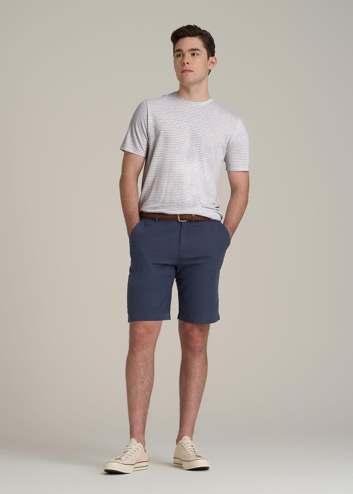 Linen Crewneck T-Shirt for Tall Men in Grey and White Mini Stripe Product Image
