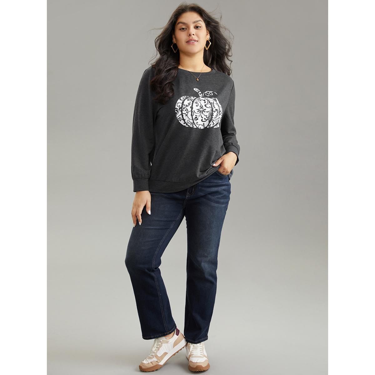 Plus Size Pumpkin Print Crew Neck Knit Sweatshirt Women DimGray Casual Printed Dailywear Sweatshirts BloomChic 12/L Product Image
