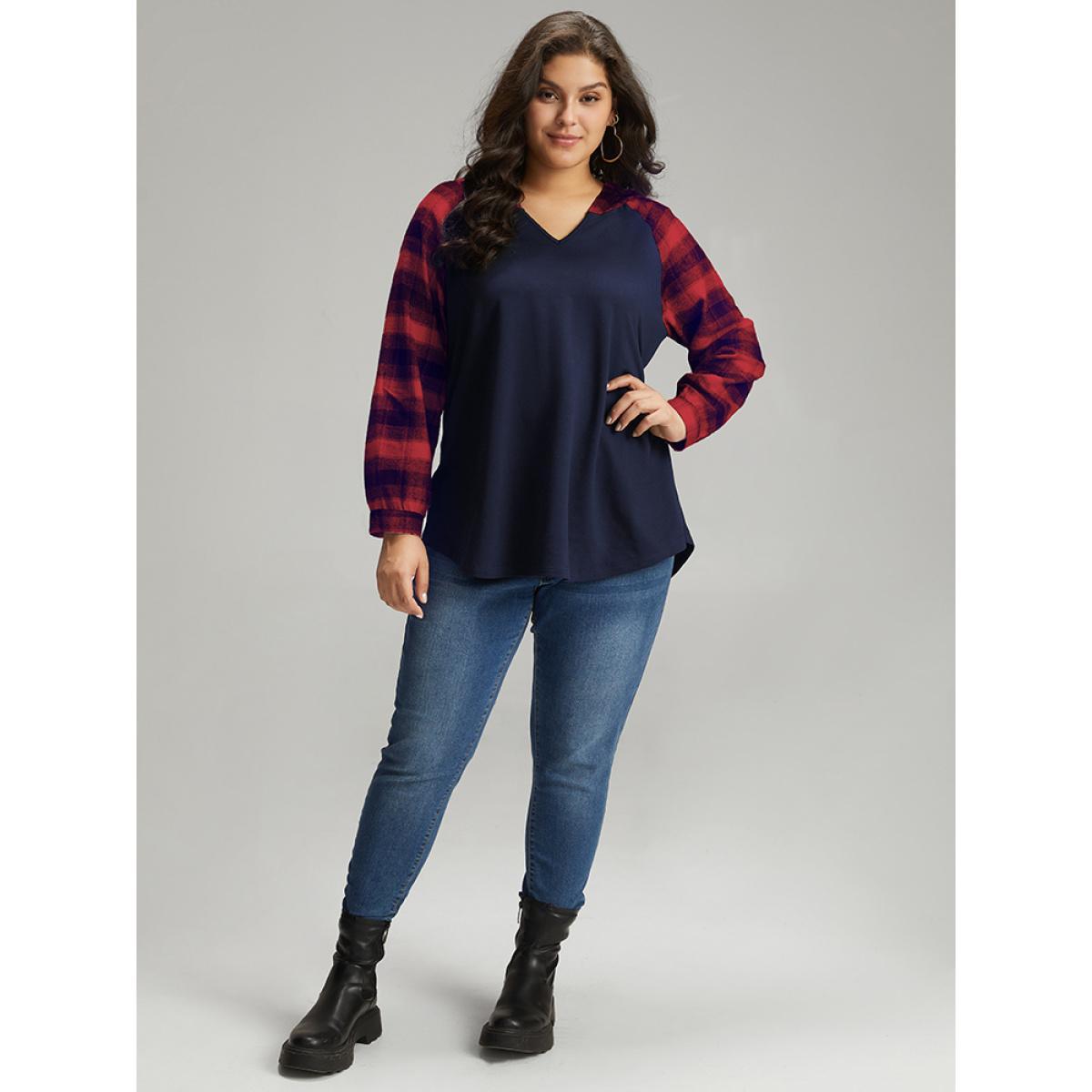 Plus Size Plaid Print Hooded Patchwork Sweatshirt Women Midnight Casual Patchwork Hooded Everyday Sweatshirts BloomChic 10/M Product Image