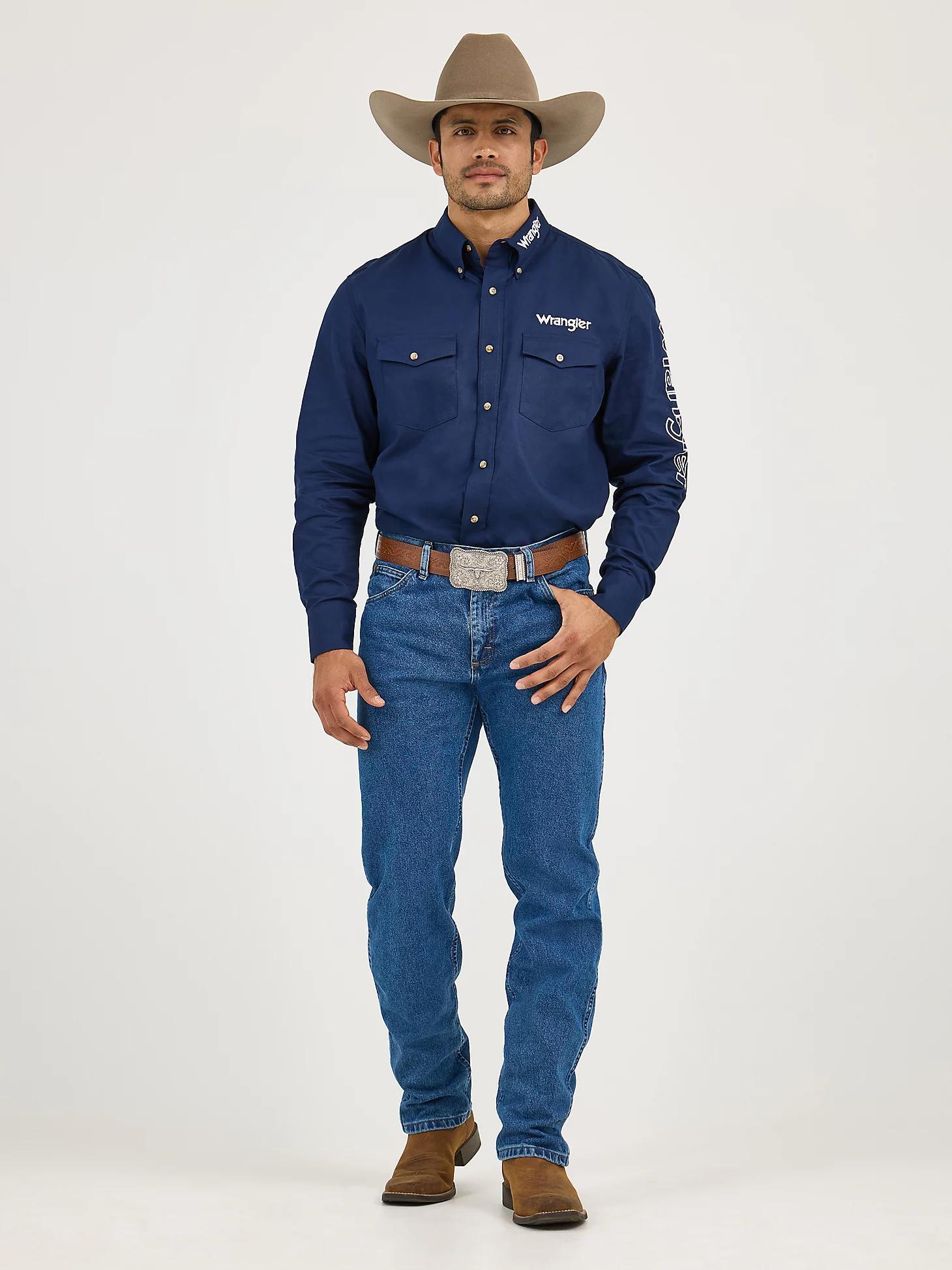 Men's Wrangler® Logo Long Sleeve Button Down Solid Shirt | Men's SHIRTS | Wrangler® Product Image