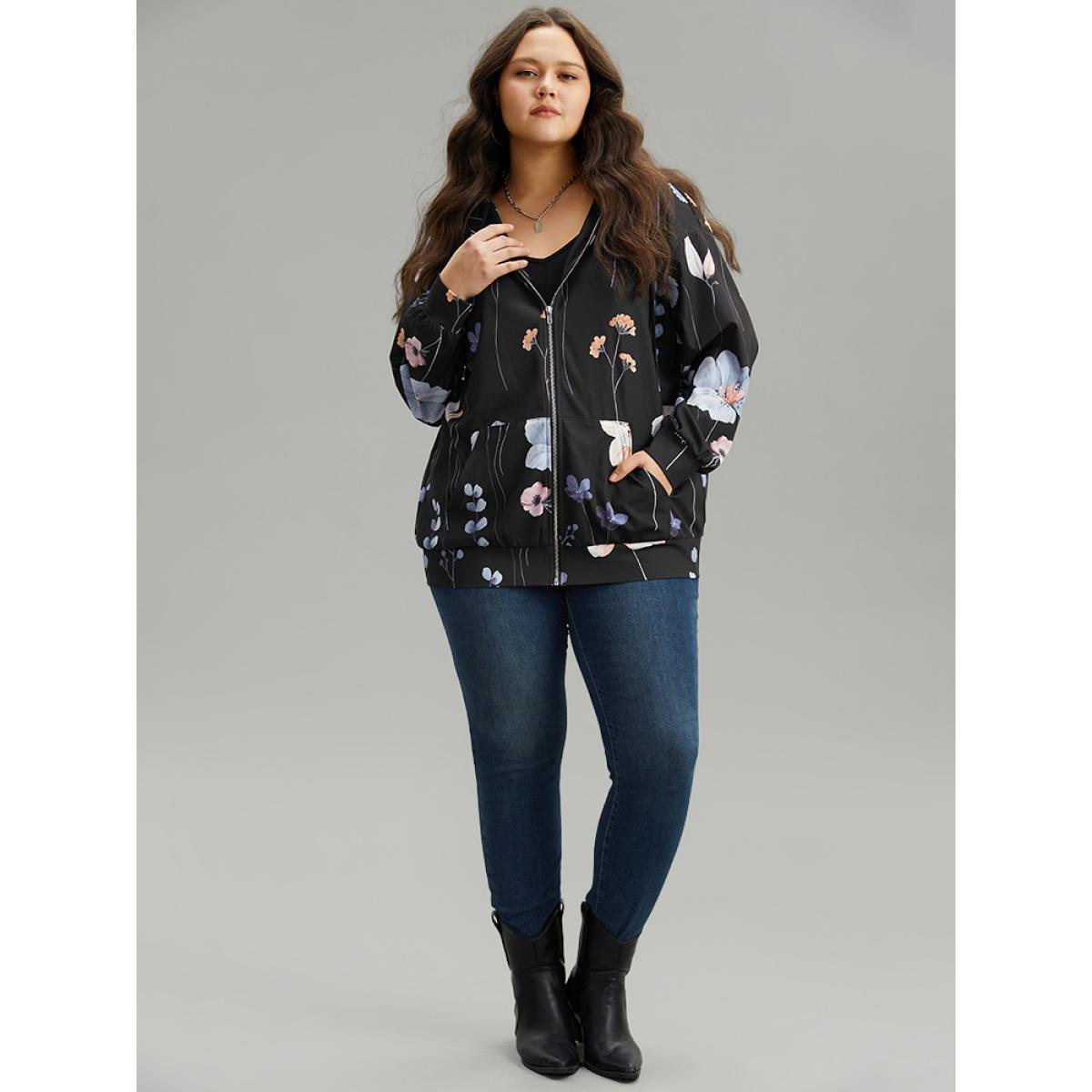 Plus Size Floral Print Zipper Hooded Pocket Windbreaker Women Black Printed Pocket Dailywear Jackets BloomChic 18-20/2X Product Image