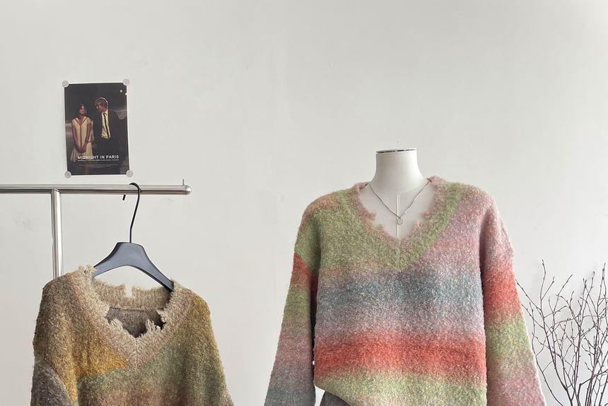 V-Neck Striped Distressed Sweater Product Image