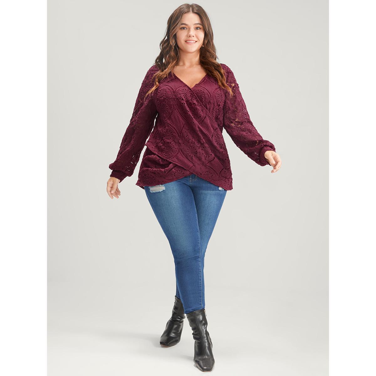 Plus Size Burgundy Solid Crossover Hem Lace Blouse Women Glamour Long Sleeve V-neck Going out Blouses BloomChic 22-24/3X Product Image