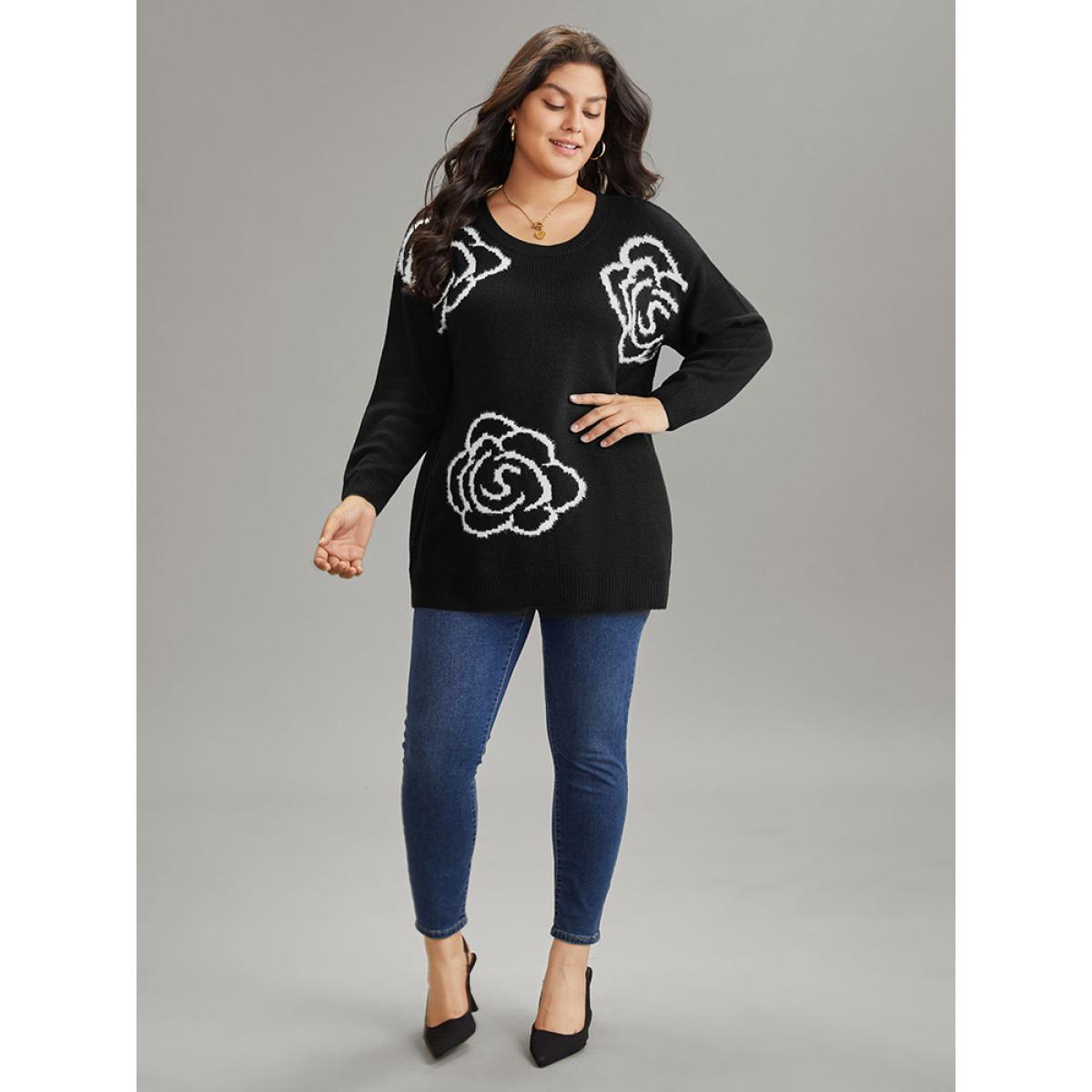 Plus Size Floral Print Two Tone Drop Shoulder Pullover Black Women Casual Loose Long Sleeve Round Neck Dailywear Pullovers BloomChic 28/5X Product Image