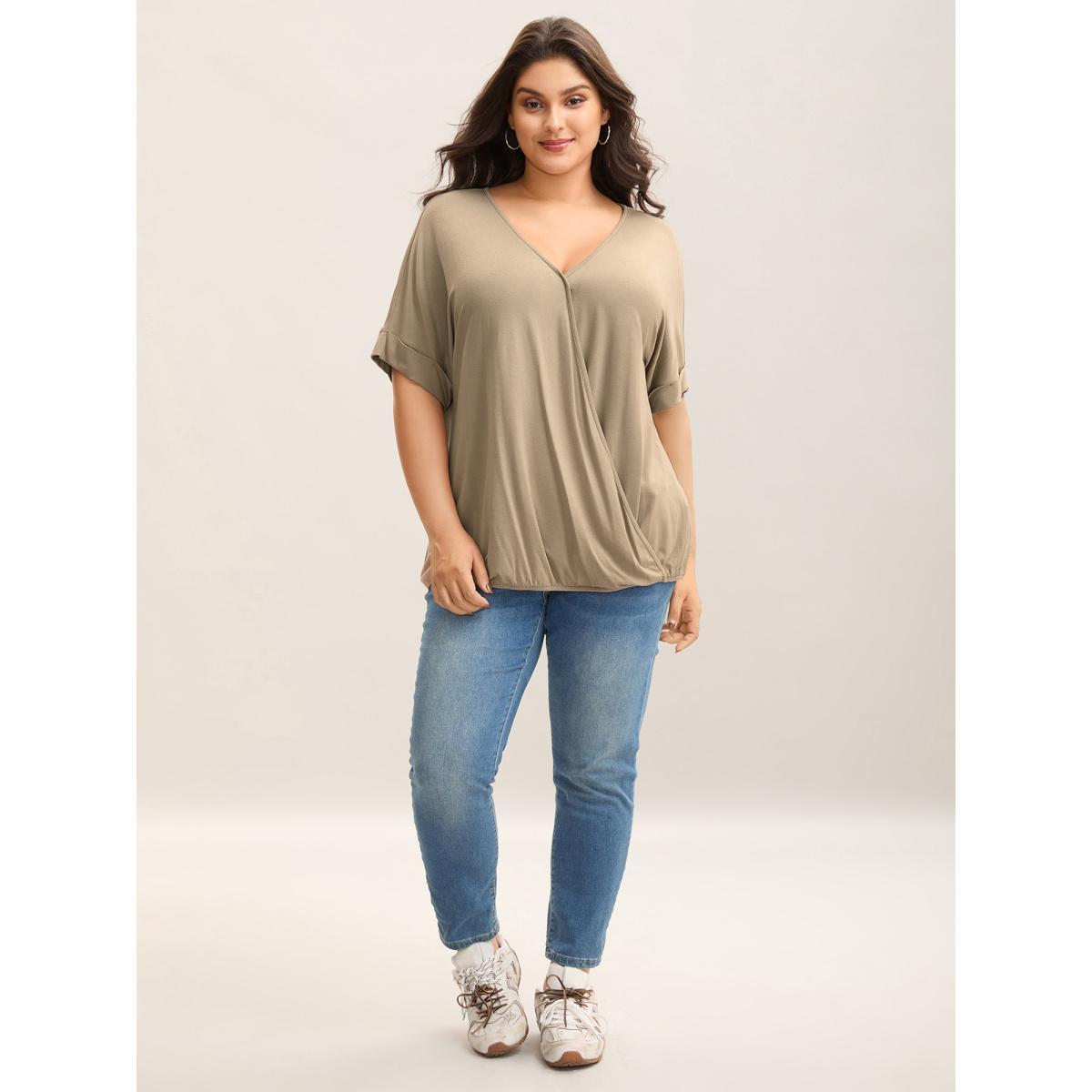 Plus Size Supersoft Plain V-Neck Wrap Front T-Shirt Tan Women Casual Overlapping Overlap Collar Loose Everyday T-shirts BloomChic 28/5X Product Image