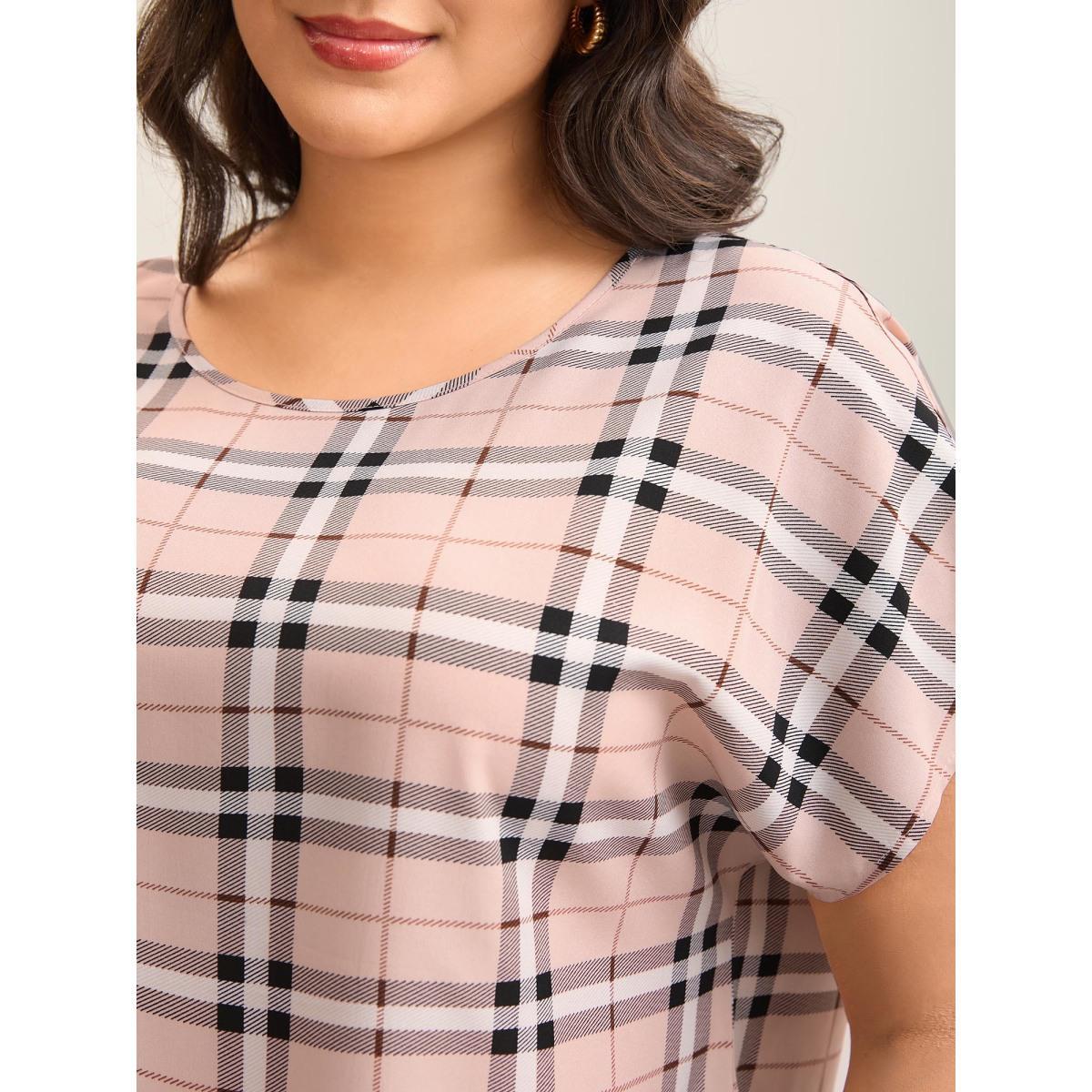 Plus Size MistyRose Plaid Pattern Round Neck Flared Shirt Women Short sleeve Round Neck Work Blouses BloomChic 22-24/3X Product Image