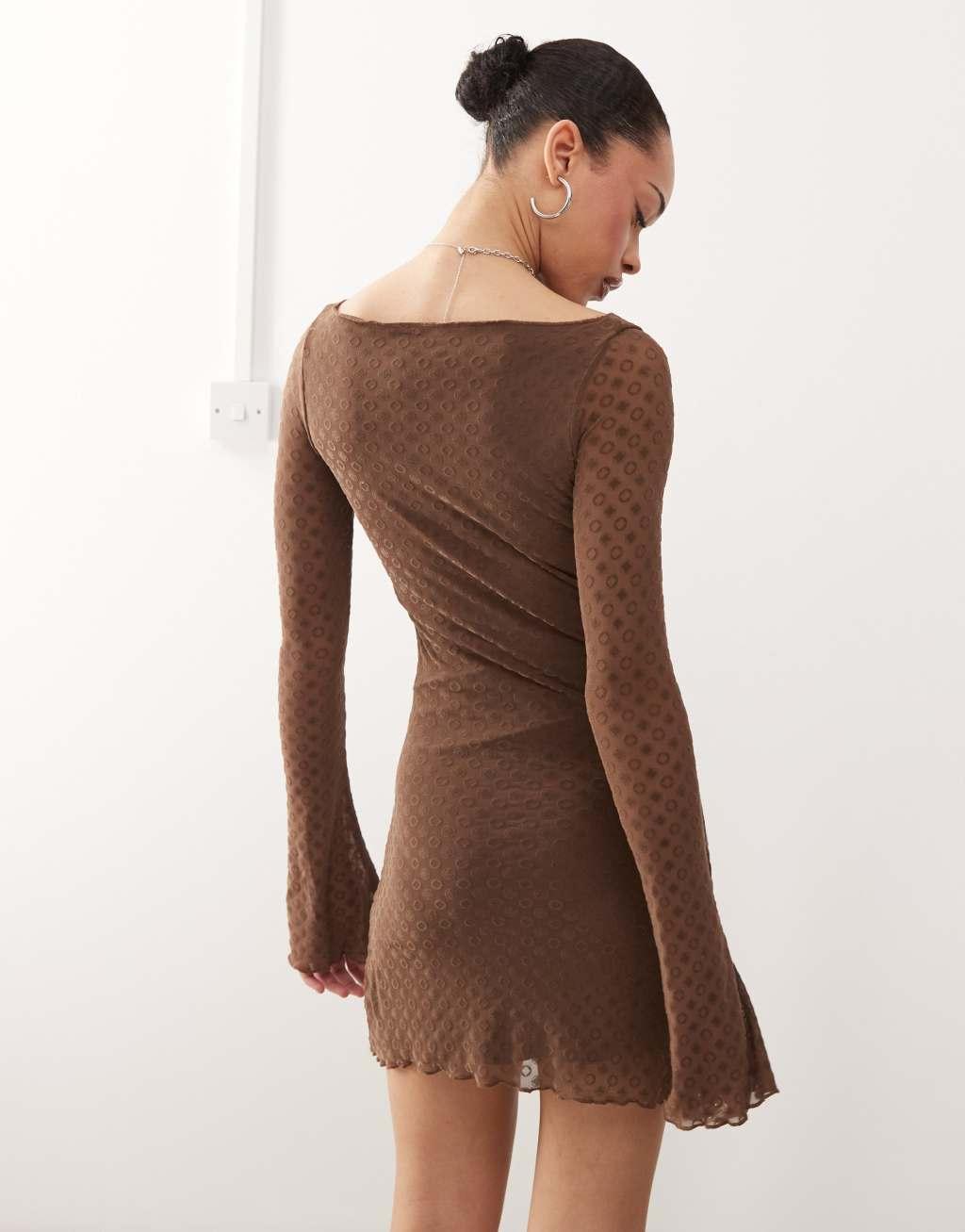 Motel sevila polka tile print long sleeve dress in brown Product Image