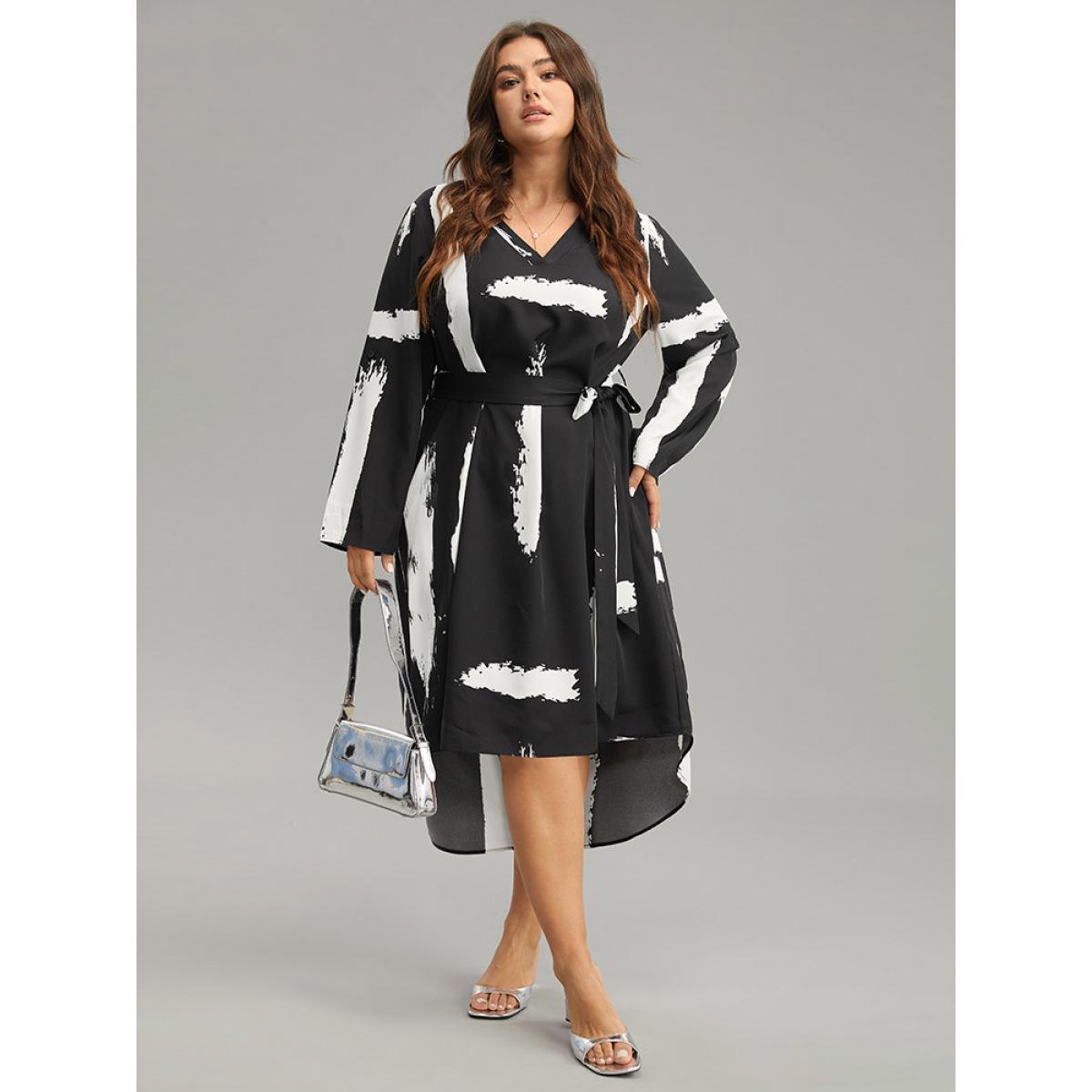 Plus Size Brush Print V Neck Belted Tab Sleeve Dress BlackFlower Women Office Belted V-neck Long Sleeve Curvy Knee Dress BloomChic 10/M Product Image