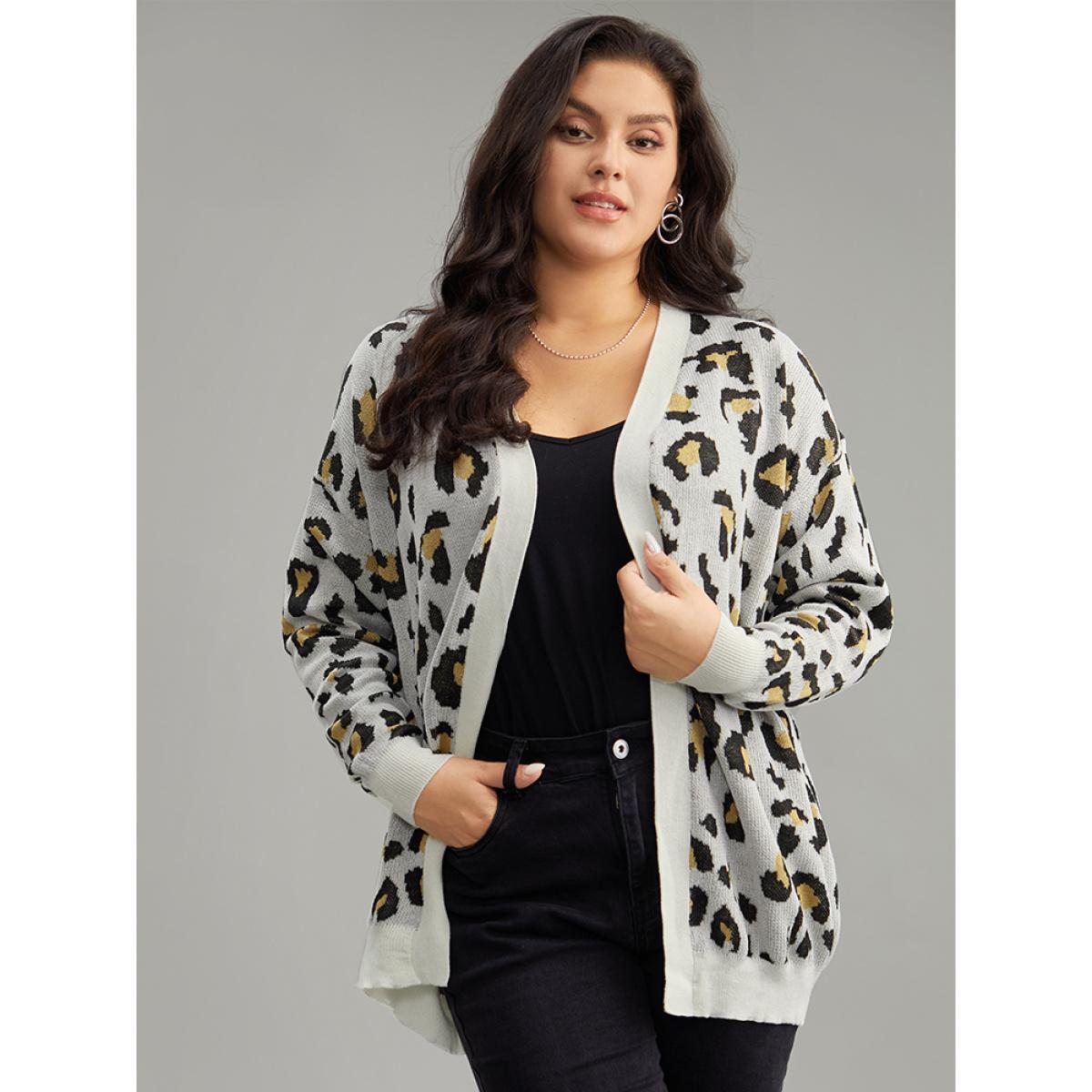 Plus Size Leopard Print Elastic Cuffs Cardigan Leopard Women Casual Loose Long Sleeve Dailywear Cardigans BloomChic 26/4X Product Image