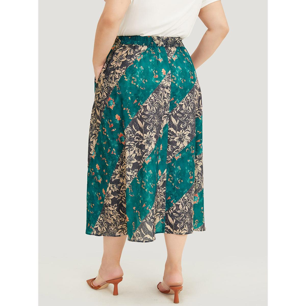 Plus Size Floral Contrast Pocket Knot Front Skirt Women Multicolor Elegant Contrast No stretch Pocket Dailywear Skirts BloomChic 22-24/3X Product Image