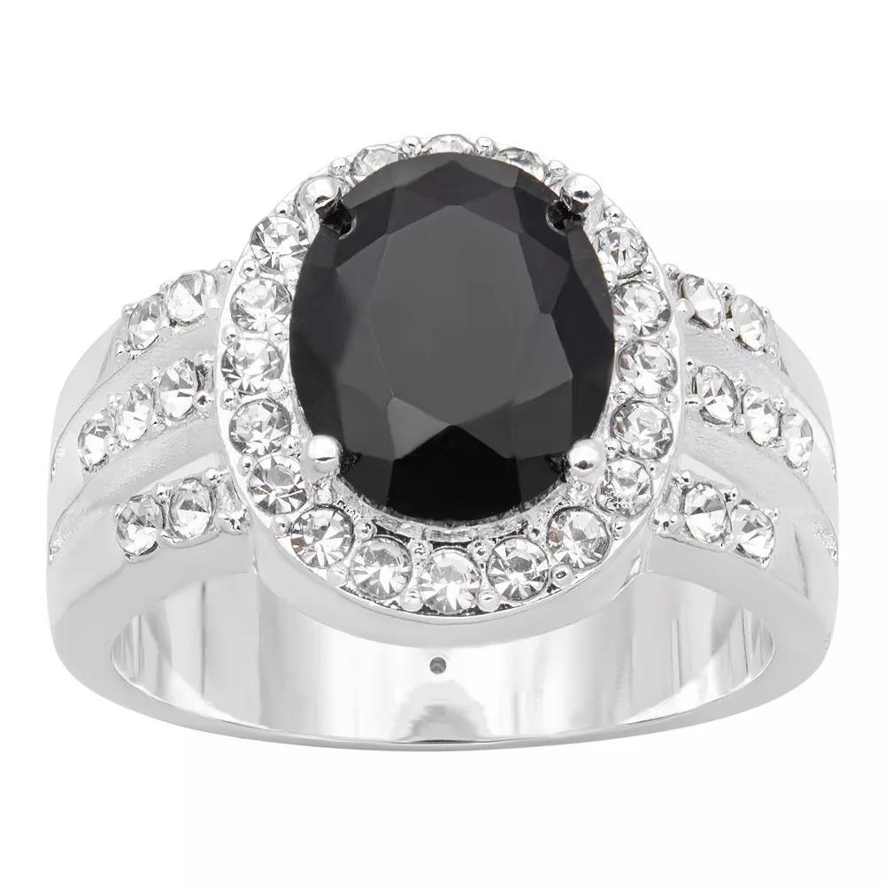 City Luxe Silver Tone Jet Crystal Oval Halo Ring, Women's, Size: 7, Silver Tone Black Product Image