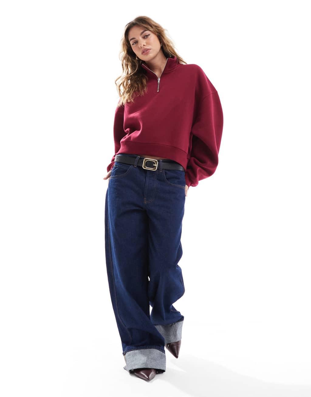ASOS DESIGN half zip sweatshirt in burgundy Product Image