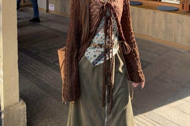 Long-Sleeve V-Neck Top / Floral Print Camisole Top / Belt / High Waist Maxi A-Line Skirt Product Image