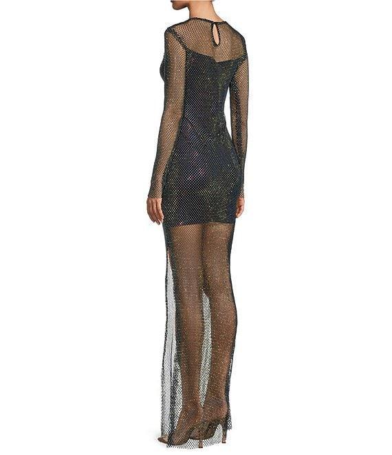 B. Darlin Long Sleeve Rhinestone Mesh Side Slit Long Dress Product Image